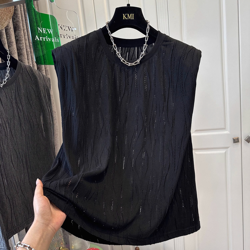 Extra Large Size 150kg High-End Round Neck Hollow-Out Shoulder Pad Sleeveless T-Shirt for Men and Women, Loose and Versatile Vest for Summer