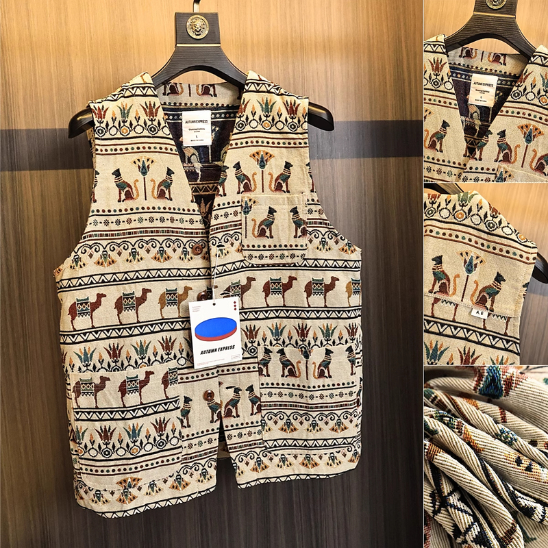 Large Size Japanese Retro Ethnic Style Summer Men's Double-Sided Jacquard Heavy Sleeveless Vest Jacket Trendy