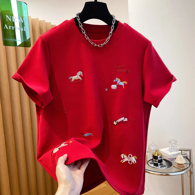 Plus Size 150kg Red Pony Embroidered T-Shirt Unisex Short Sleeve 2026 New Style Loose Versatile Base Shirt Trendy Top