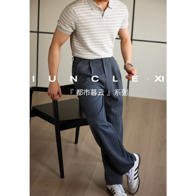 Plus-Size Vintage Old Money Style Wrinkle-Resistant Drapey Retro Striped Business Commuter Trousers for Men, New Summer Casual Long Pants