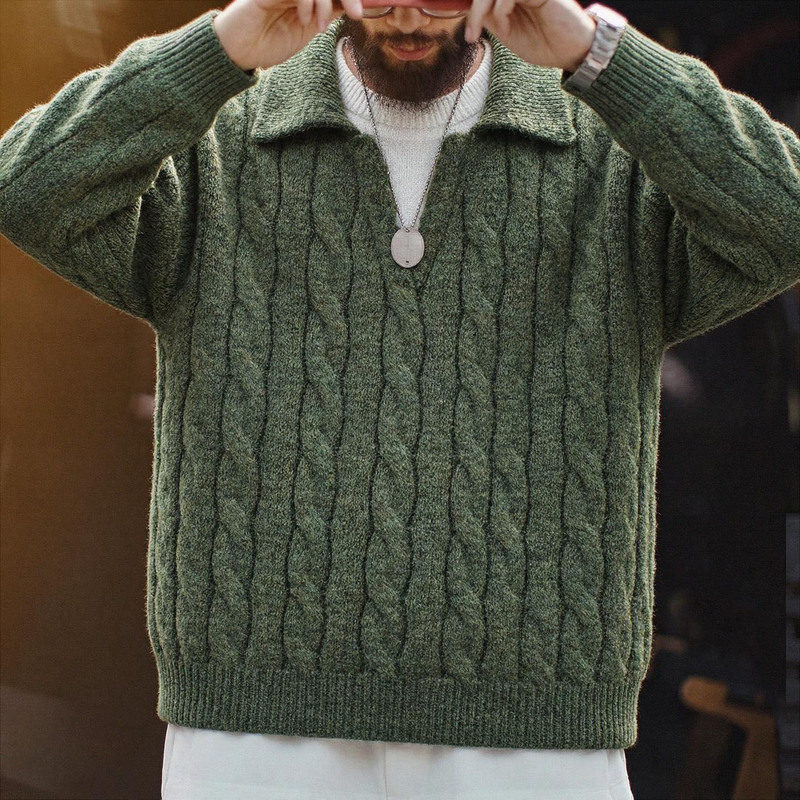Plus Size 150kg Autumn and Winter Design-Inspired Faux Two-Piece Collared Knit Sweater for Men, Featuring Patchwork Cable Knit and American-Style V-Neck