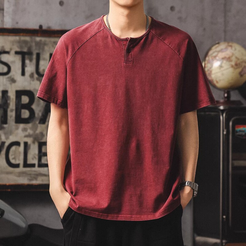 Plus Size 150kg American Retro Henley Collar Short-Sleeve T-Shirt for Men, Loose Patchwork Pure Cotton Washed Vintage Solid Color Top