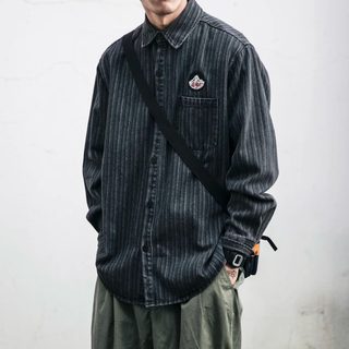 春秋季日系潮牌宽松大码条纹衬衫男韩版潮流长袖衬衣情侣百搭上衣