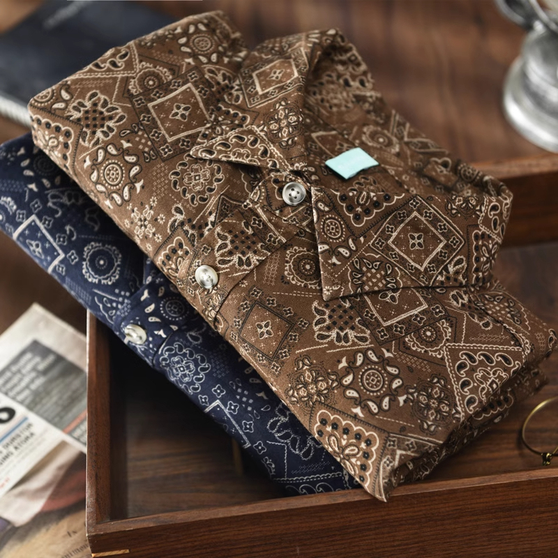 Large Size American Work Shirt for Men, Loose Paisley Pattern, Ethnic Style, Artistic Retro British Style, Long-Sleeved Shirt, Trendy Large Size American Work Shirt for Men, Loose Paisley Pattern, Ethnic Style, Artistic Retro British Style, Long-Sleeved Shirt, Trendy
