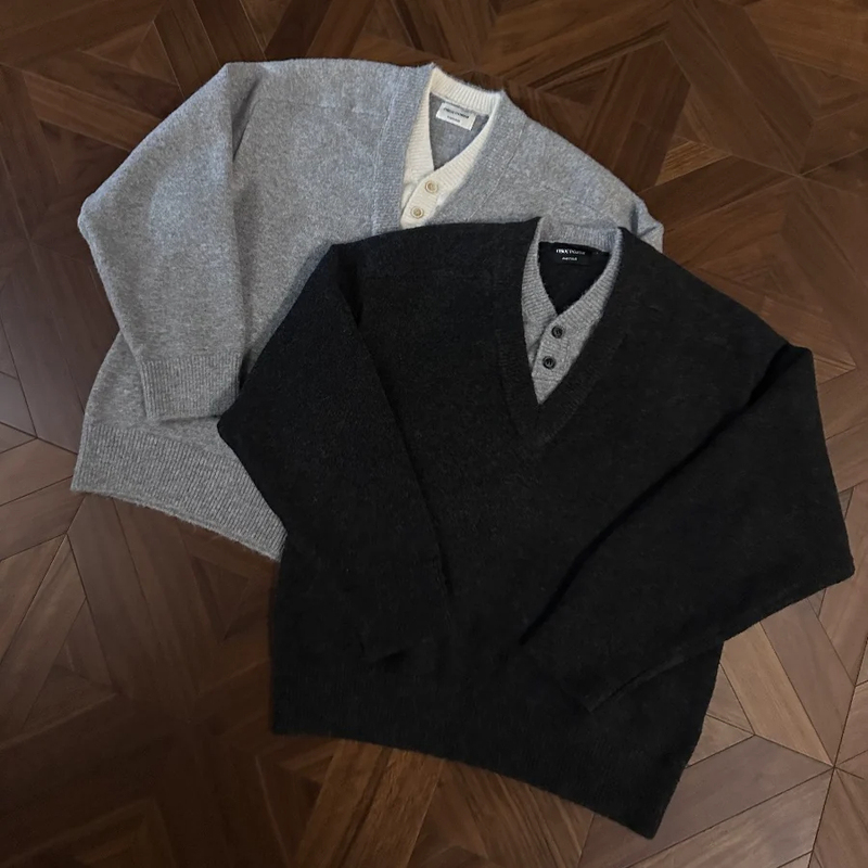 Plus-Size Old Money Style Deep V-Neck Faux Two-Piece Sweater for Men, Casual Button-Up Knitwear with a Cleanfit Loose Fit Plus-Size Old Money Style Deep V-Neck Faux Two-Piece Sweater for Men, Casual Button-Up Knitwear with a Cleanfit Loose Fit