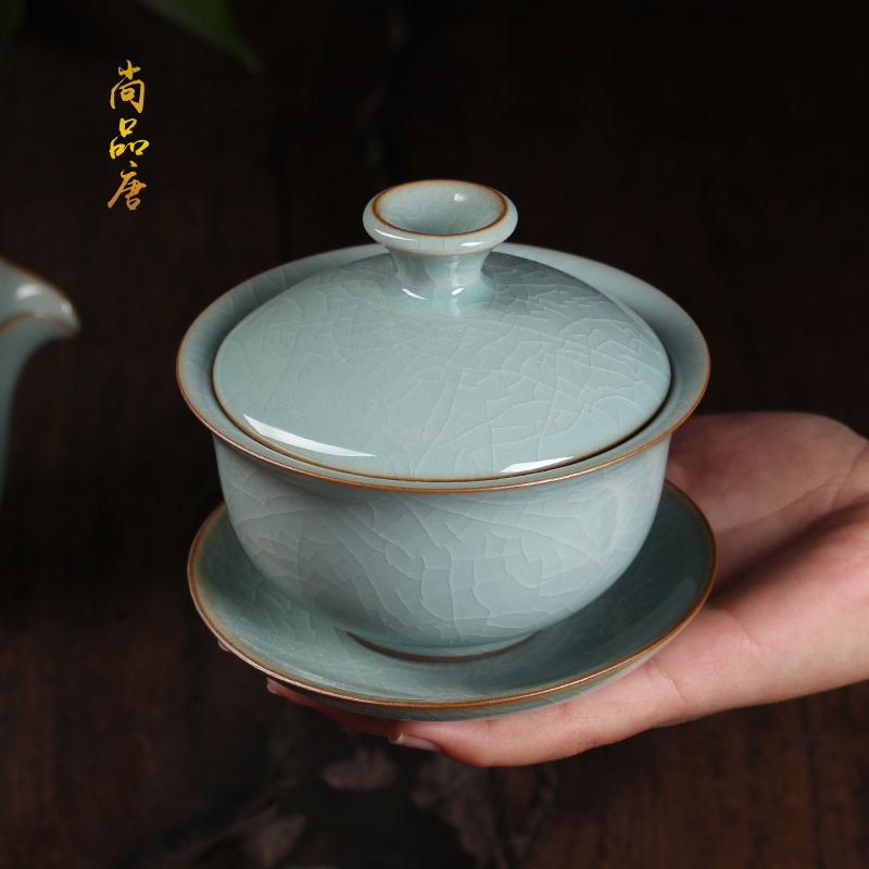 中国宋代青瓷盖碗，茶器。 天青汝窑盖碗｜高档正品开片汝瓷茶碗茶盅三才碗泡茶杯功夫茶具