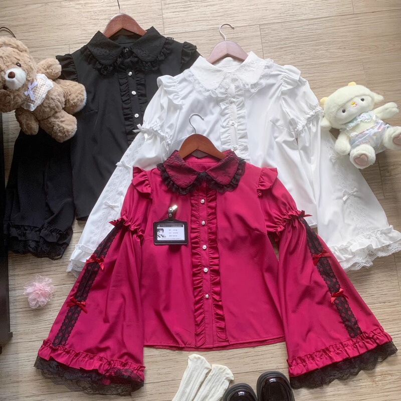 Red Lolita Style Short-Sleeved Shirt with Doll Collar and Long Sleeves for Women in Summer