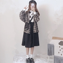 Autumn Japanese retro student cute cow pattern medium long shirt Plaid shirt jacket skirt suit Female