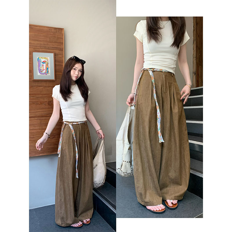 Roundshop |   Comfortable to Wear: Floral Belt/ Breathable Linen Cotton Pants, Slimming Casual Wide-Leg Pants