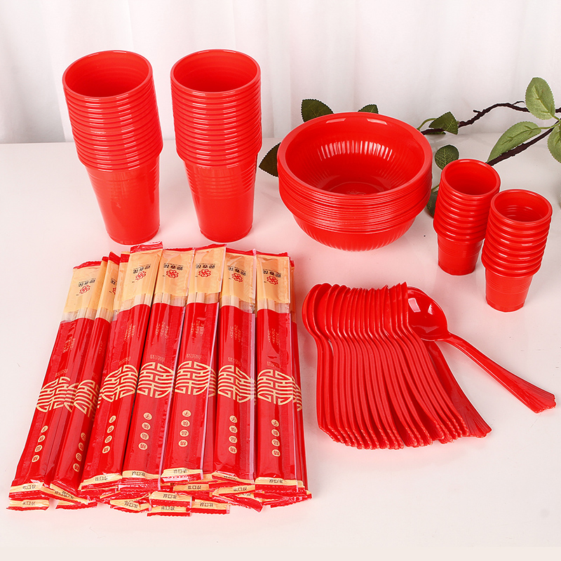 Wedding Wedding Celebration Supplies Great All Disposable Chopsticks Transparent Cup Red Plastic Bowl Cup Red Bowl Red Spoon Red Rubber Bowl Red