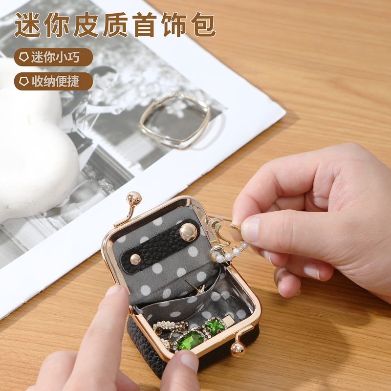 New Style Genuine Leather Compact Clasp Bag with Rhinestones, Jewelry Pouch, Mini Ring, Necklace, Earrings, Jewelry Box, Coin Purse
