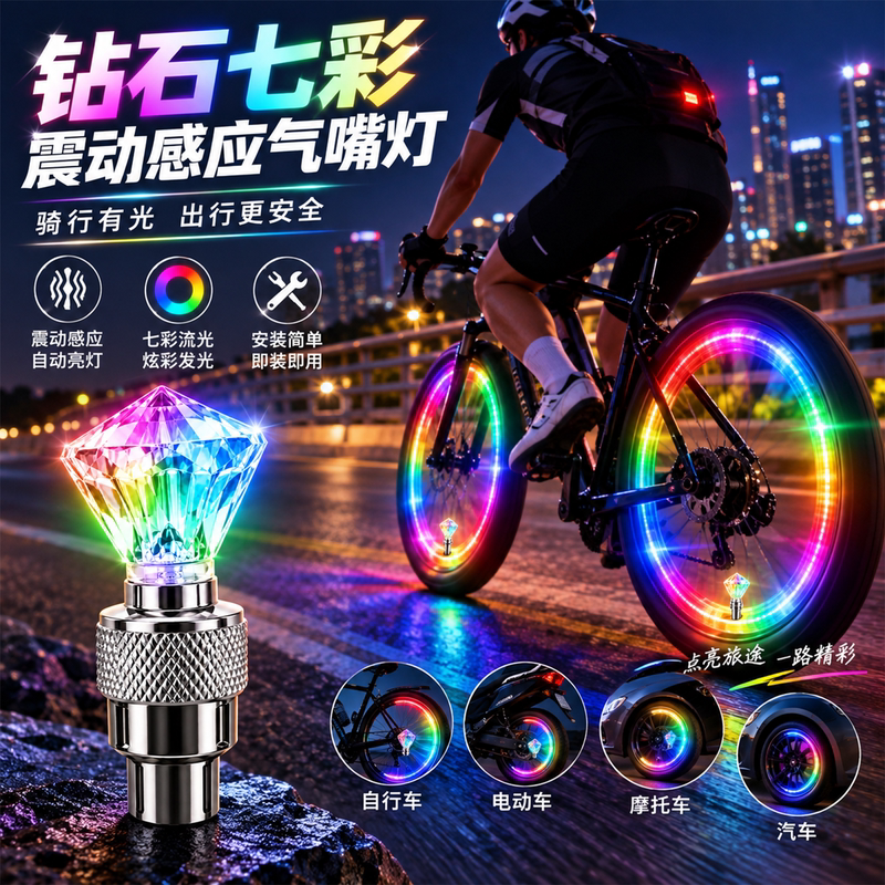 Bicycles, Motorcycles, Cars, Mountain Bikes, Electric Vehicles, Wheel Hubs, Colorful Tire Lights, Valve Lights