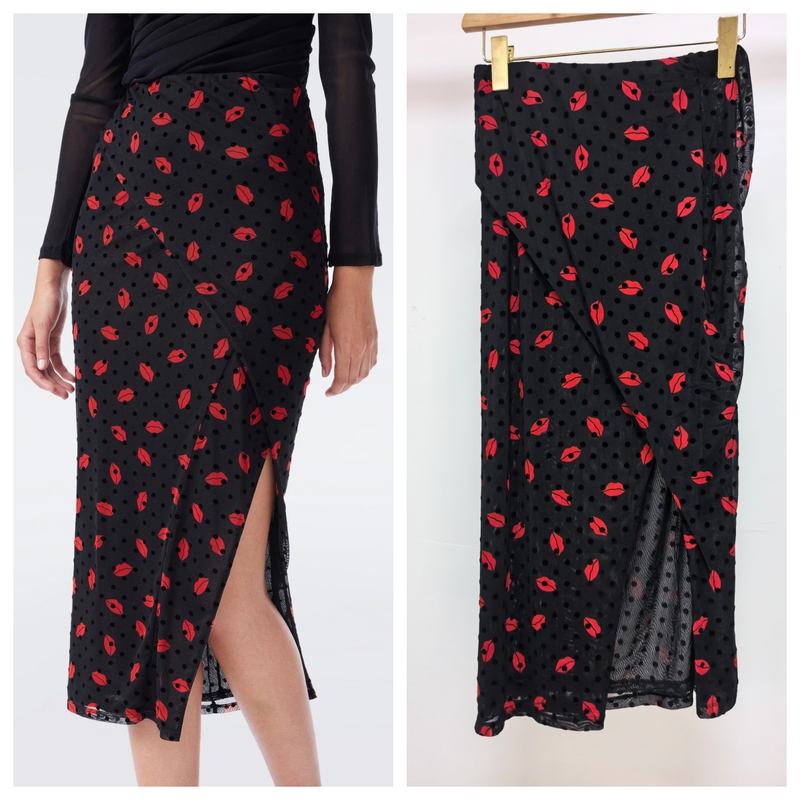 Dxf~ Yuanbo Dot Mesh Red Lip Print Vintage Slit High-Waisted Elastic Skirt Bodycon Flocked Polka Dot