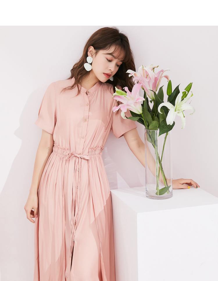 Đầm liền thân nữ màu sắc 2019 hè mới Hàn Quốc của cà vạt thun eo cao với chân váy gỗ dài - Váy eo cao 	váy sơ mi rút eo	