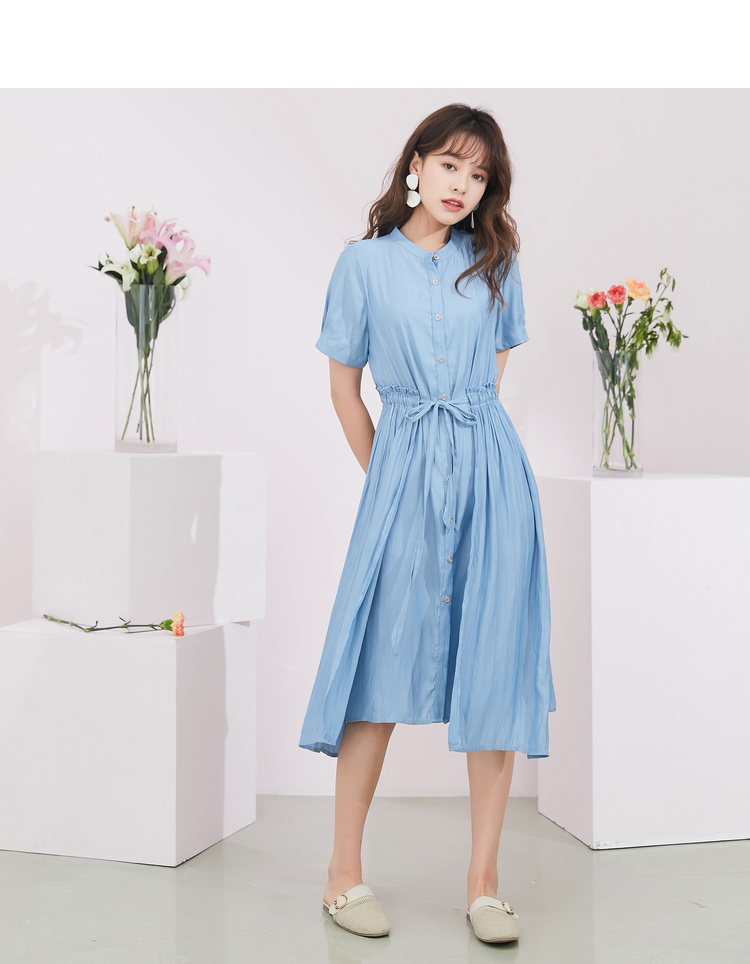 Đầm liền thân nữ màu sắc 2019 hè mới Hàn Quốc của cà vạt thun eo cao với chân váy gỗ dài - Váy eo cao 	váy sơ mi rút eo	