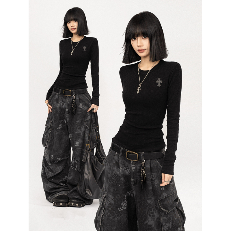 Octtflab American Retro Sexy Black Bottoming Top for Women in Autumn and Winter Slim-Fitting Short Basic Inner T-Shirt