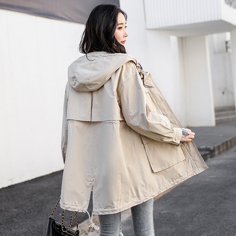 2022 Spring and autumn new Inn Wind Relaxed Even Cap Windsuit Jacket Woman Medium Long Version Small Temperament Fashion High End