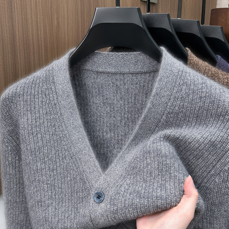 100% Pure Cashmere Knitted Thickened V-Neck Cardigan Men's Large Size Jacket Ordos Men's Cashmere Sweater