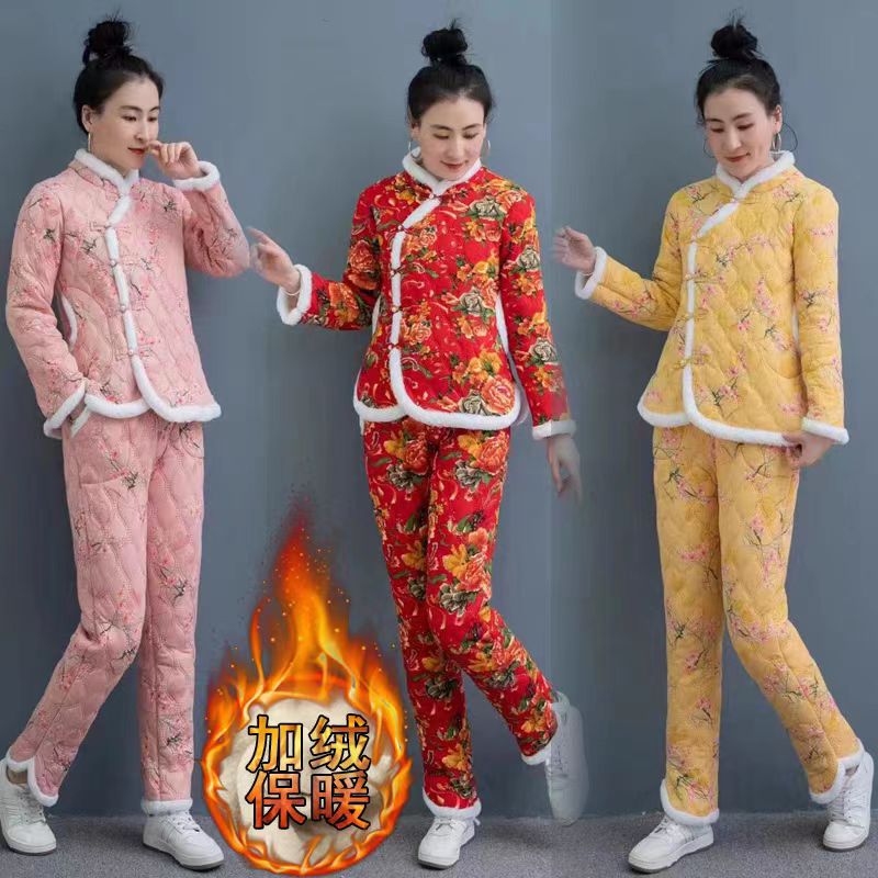 National Wind Cotton Padded Jacket Woman Winter New Northeast Big Flowers 2023 Plus Suede Cotton Clothes Two-piece Middle Aged Mom Pyjamas-Taobao