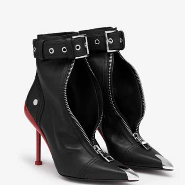 European and American New Style Irregular High-Heeled Metal Pointed-Toe British-Style Front Zipper Belt Buckle Motorcycle Boots Fashion Short Boots for Women European and American New Style Irregular High-Heeled Metal Pointed-Toe British-Style Front Zipper Belt Buckle Motorcycle Boots Fashion Short Boots for Women