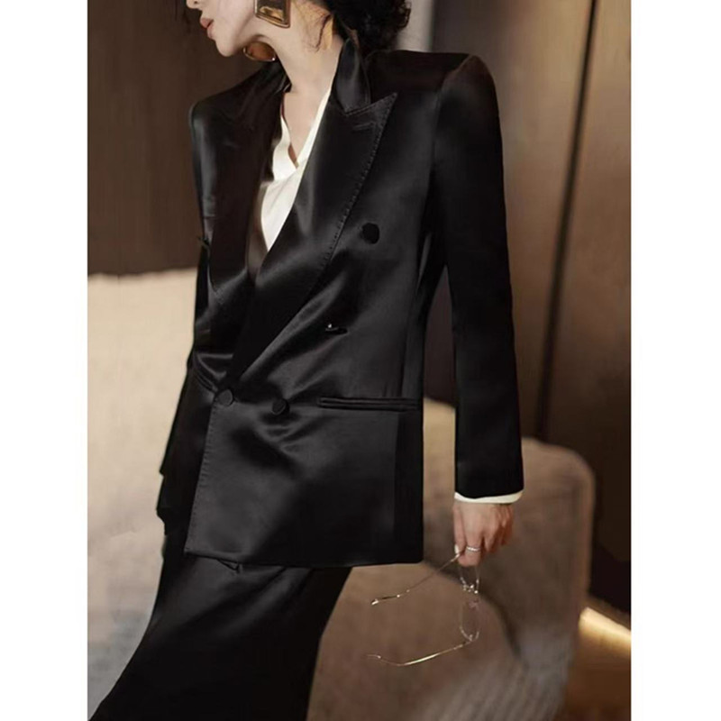 High-End Satin Acetate Blazer for Women 2026 Autumn New Style Black Loose Elegant Long-Sleeved Suit Top