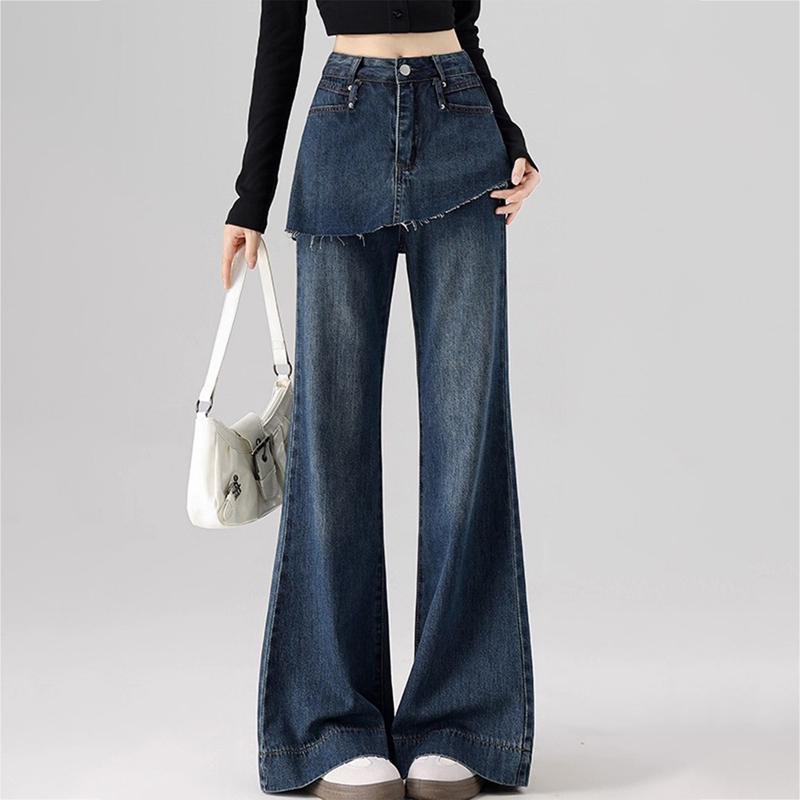 Plus-Size Women's Clothing, Fake Two-Piece Denim Flared Pants, High-Waisted, Raw Hem, Non-Tight, Slimming Bell-Bottom Pants