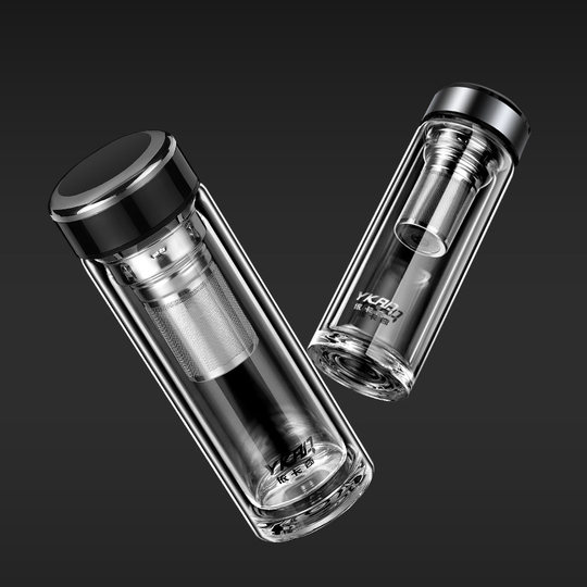 Double-Layer Insulated Glass Cup for Men, Black Tea Office Cup, Driver's Car Water Cup, Portable Tea and Water Separation Tea Cup