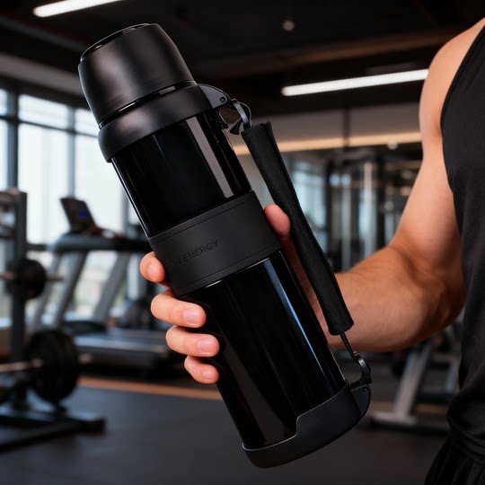 Outdoor Portable Large-Capacity Thermos Cup for Men and Women, Sports and Fitness Stainless Steel Thermos Pot, Black