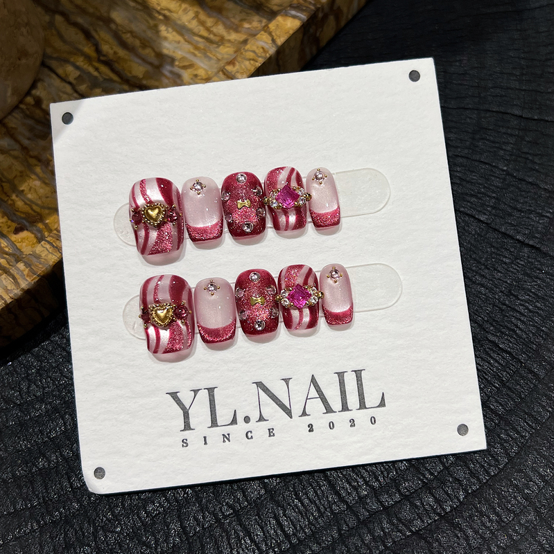 【Yl.Nail Strawberry Lollipop 1.0】Handmade Nail Tips ins Unique Pink Cat Eye Ribbon Rhinestone Wearable Nails 【Yl.Nail Strawberry Lollipop 1.0】Handmade Nail Tips ins Unique Pink Cat Eye Ribbon Rhinestone Wearable Nails
