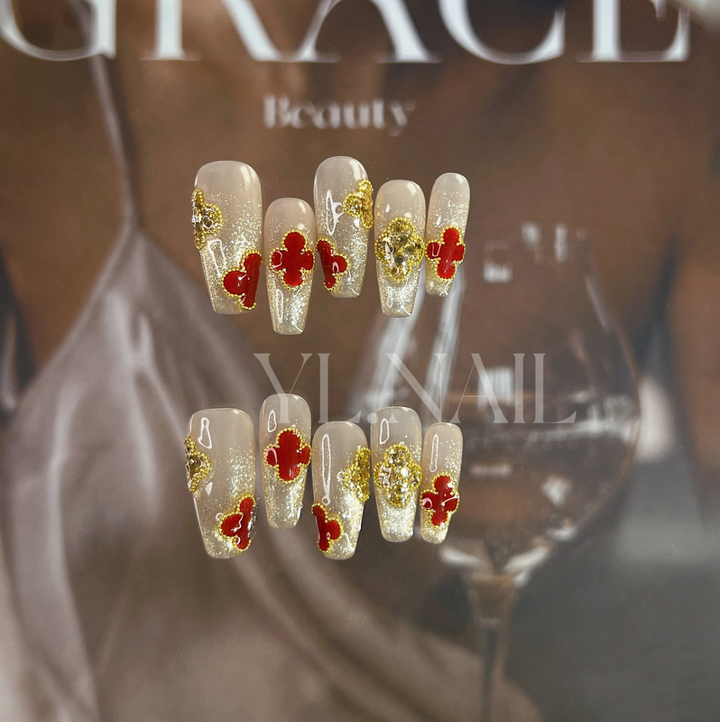 【Yl.Nail Vanke Jewelry 6.0】Handmade Nail Tips ins Unique Cat's Eye Red Clover Wearable Nails