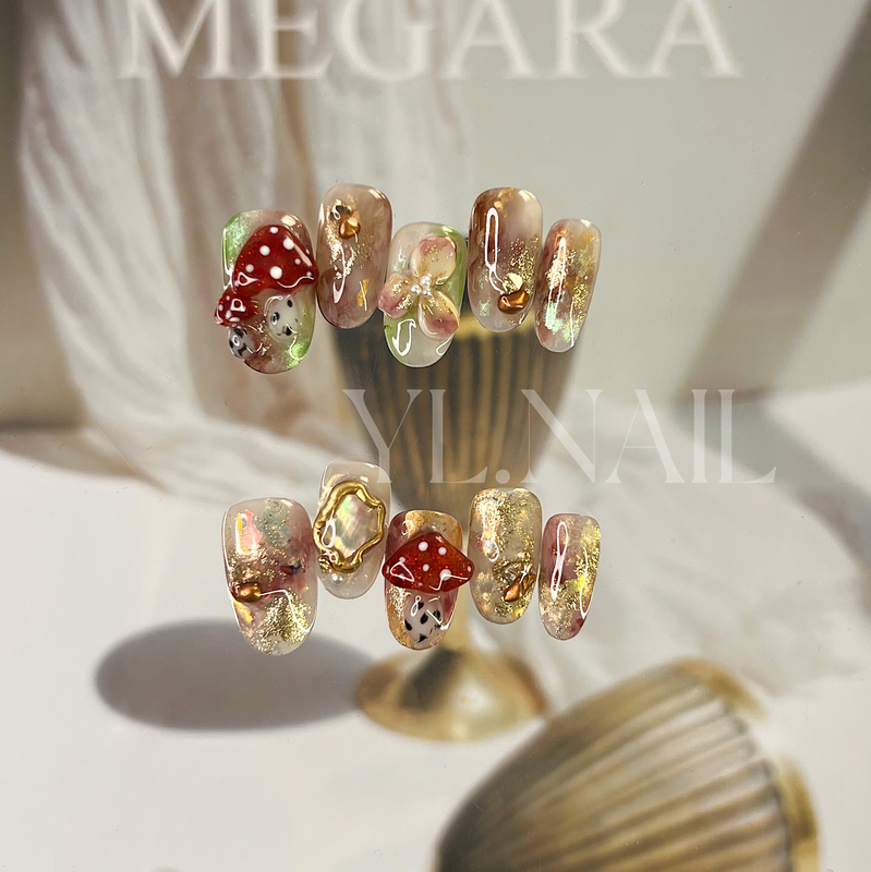 【Yl.Nail Forest Fairy House】Handmade Nail Tips ins Unique Mushroom Iridescent Metallic Gradient Wearable Nails
