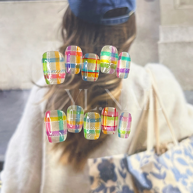 【Yl.Nail Glass Sugar Grid】Handmade Nail Tips ins Unique Hand-Painted Checkered Colorful Cat Eye Press-On Nails