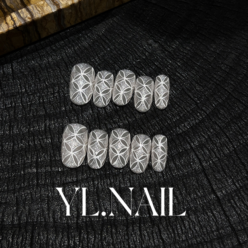【Yl.Nail Zhiyue Old Lace】Handmade Nail Tips ins Unique Hand-Painted Geometric Patterns with Fine Glitter Wearable Nails 【Yl.Nail Zhiyue Old Lace】Handmade Nail Tips ins Unique Hand-Painted Geometric Patterns with Fine Glitter Wearable Nails