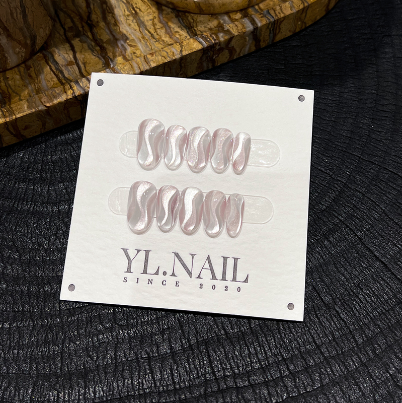 【Yl.Nail Pink Sakura Tide】Handmade Nail Tips ins Unique Patchwork Cat Eye Powder Ribbon Nail Art Wearable Nails