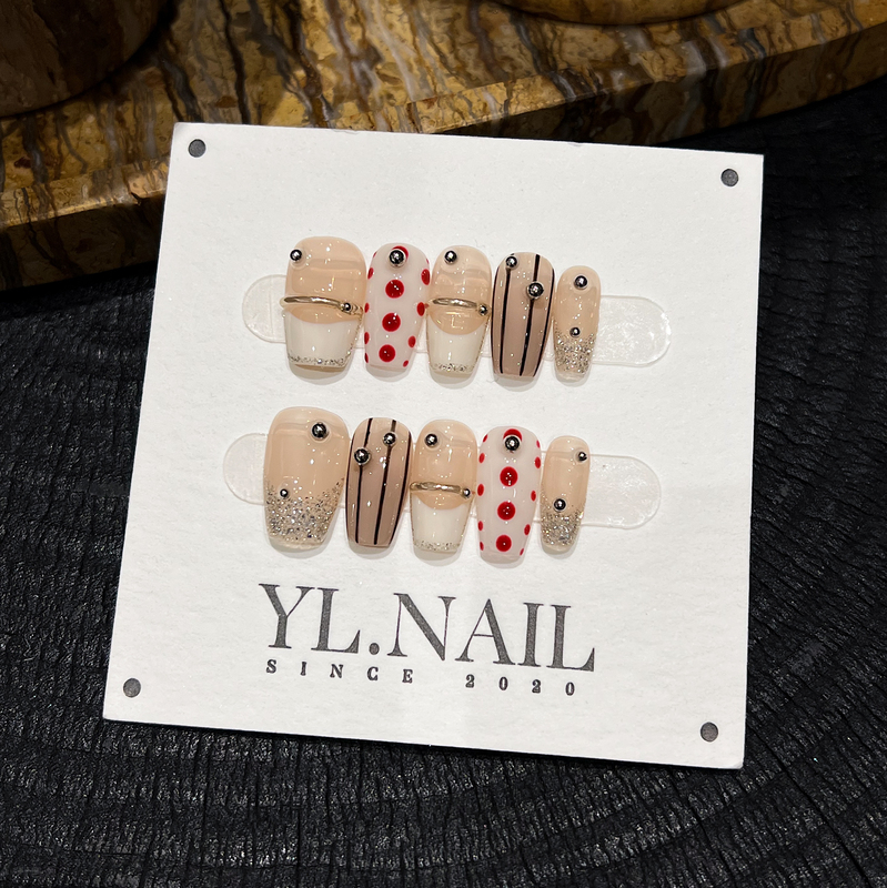 【Yl.Nail Playful Words】Handmade Nail Tips ins Unique Hand-Painted Polka Dot Lines Cute Nail Art Wearable Nails