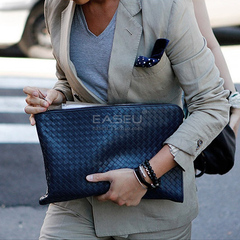 Easeu Trendy Sheepskin Woven A4 Document Briefcase Genuine Leather Fashion Business Clutch Bag for Men 