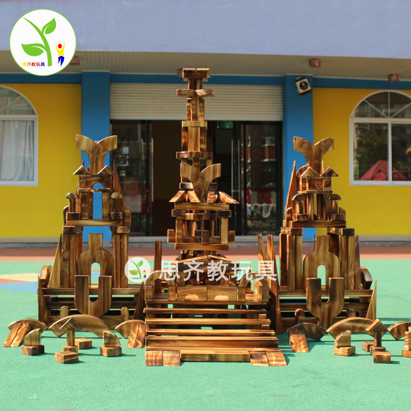 Kindergarten outdoor solid wood constructs carbonized blocks children's puzzle and teaches toy charcoal burning 348 pieces of anti - corrosion wood