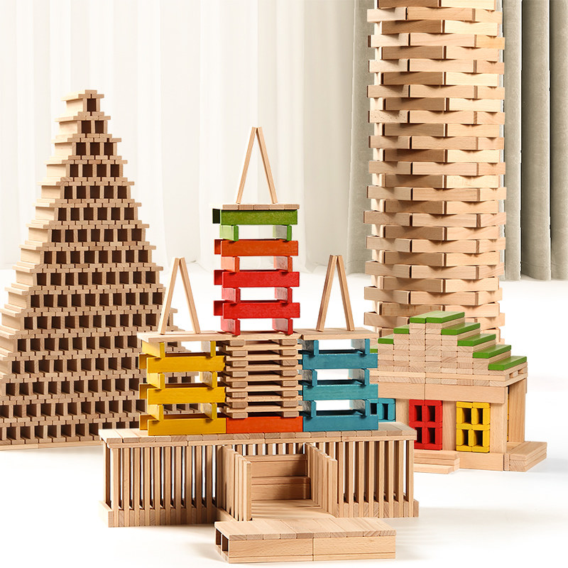 Colorful children woody Archimedes Caple Puzzle Building Blocks Construction Zone Parquet Hardwood Building Block Strips Stacked High 