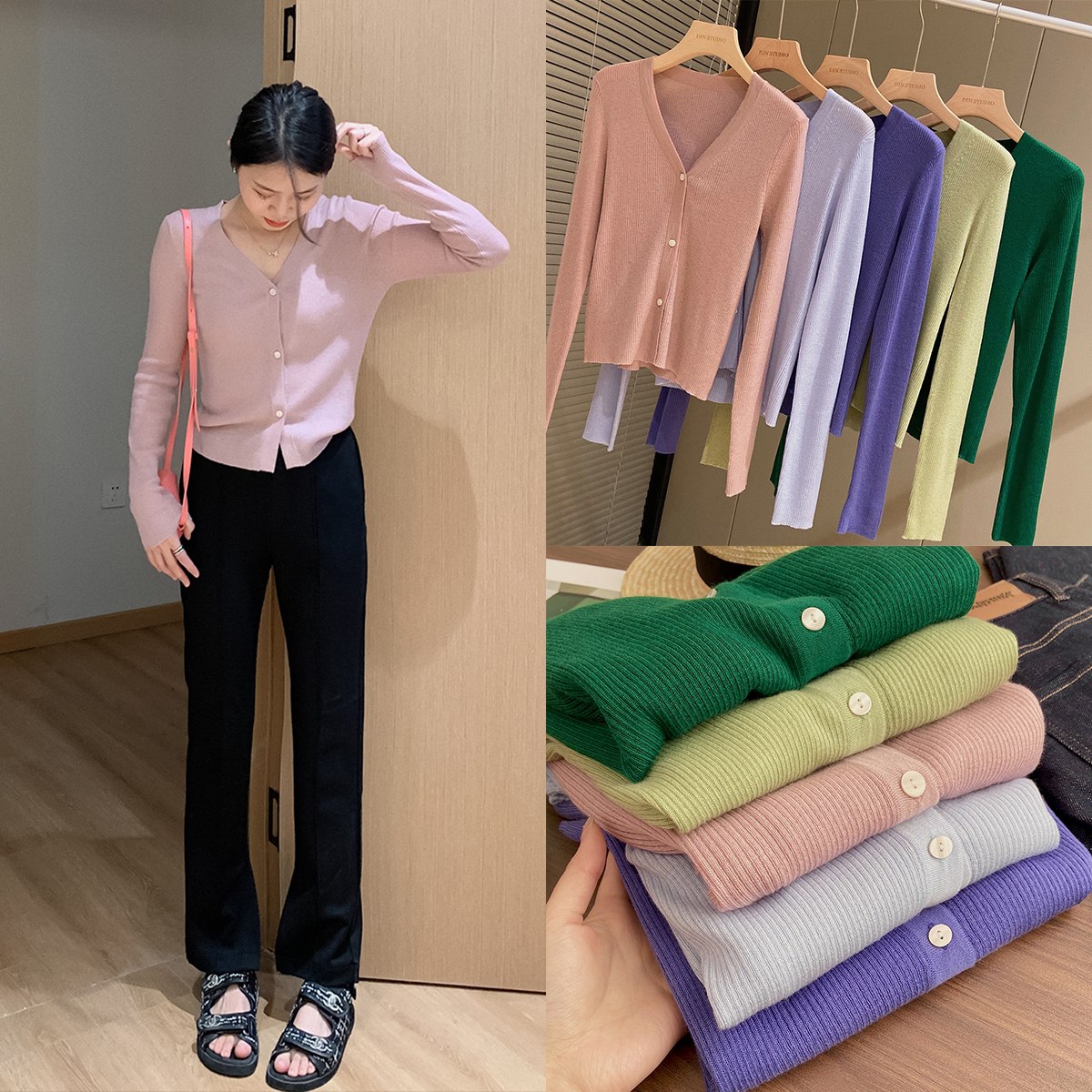 Biding self-formulated dyeing macarronic spring and summer new blouse with three-grain button V collar short wool knit cardiovert woman