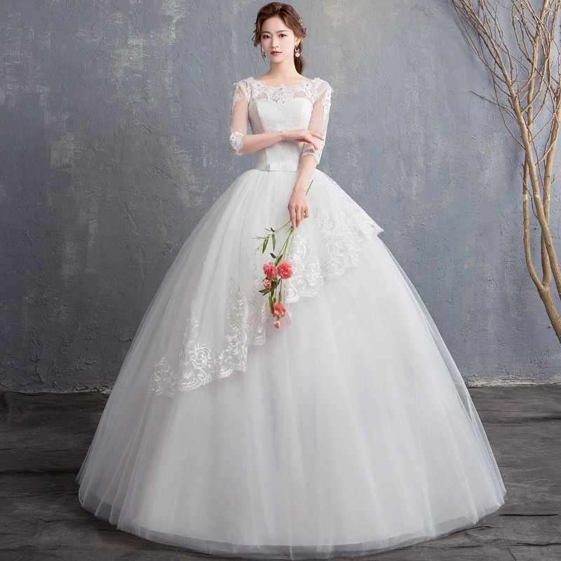 Word shoulder wedding dress 2021 new summer Korean princess fantasy simple Qiqieson department thin light long-sleeved