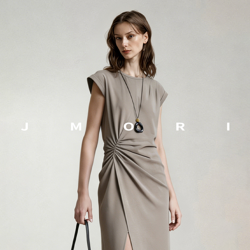 I Jmori Simple Short-Sleeve Slit Dress for Women, Mid-Length, 2026 Summer New Slim-Fit Trendy Dress