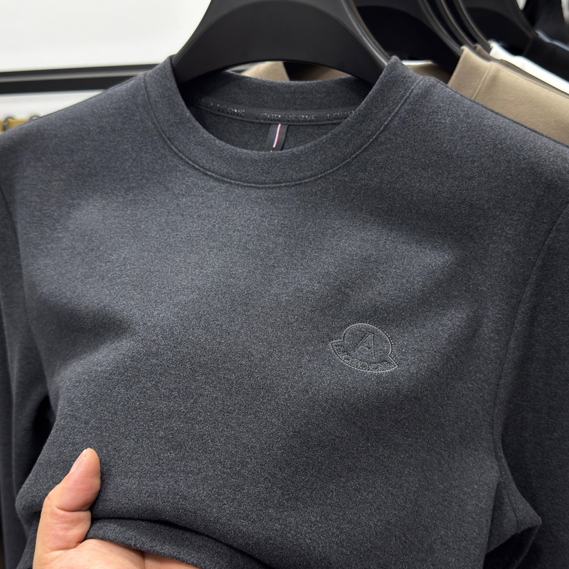 New Men's Round-Neck Long-Sleeve T-Shirt, Autumn and Winter Double-Sided Brushed Base Layer, Warm Pullover Thermal Top, Trendy