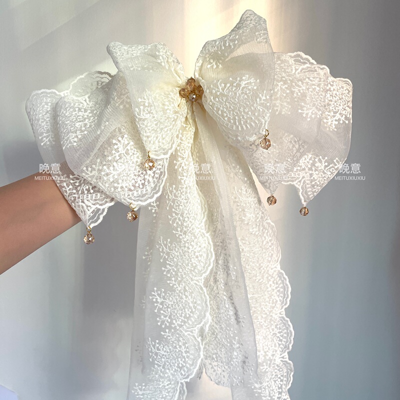 Extra-Large Lace Cloud Bubble Long Bow Hair Clip for Women, Super Fairy-Like Top Clip That Makes the Face Look Smaller, Purely Handmade