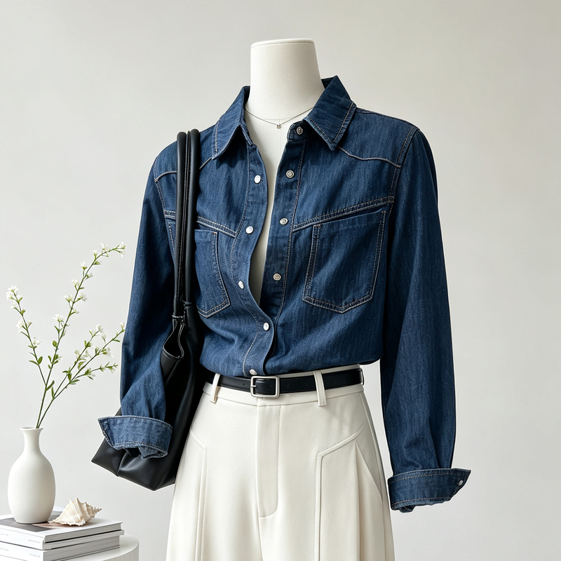 Non-Curling Dark Blue Hong Kong Style Retro Soft Denim Shirt for Women, Layering Wear, 2026 Spring and Autumn Regular Shoulder Shirt