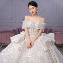 Pearlescent lined with a shoulder main wedding dress 2022 new high-set trailing bridal gown temperament complex vinycourt windy summer