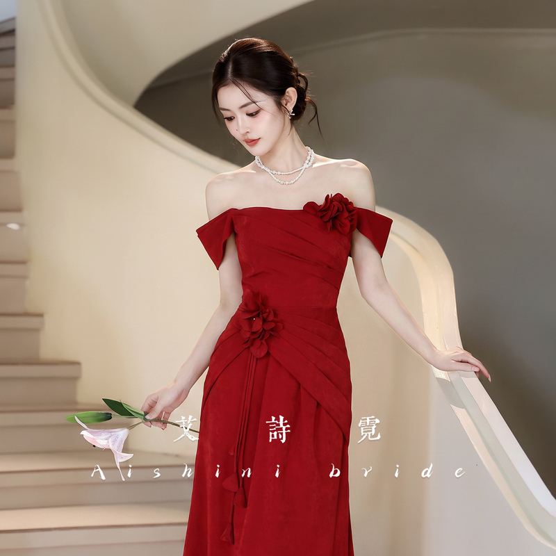 Aishini's Red One-Shoulder Engagement Dress, Wedding Bride's Toast Dress, Morning Gown Dress, Red Aishini's Red One-Shoulder Engagement Dress, Wedding Bride's Toast Dress, Morning Gown Dress, Red