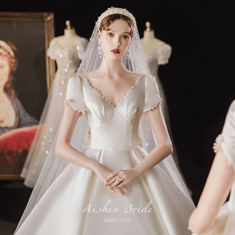 Wedding dress 202021 new tail bride satin simple atmosphere high-end Hepburn temperament small French summer