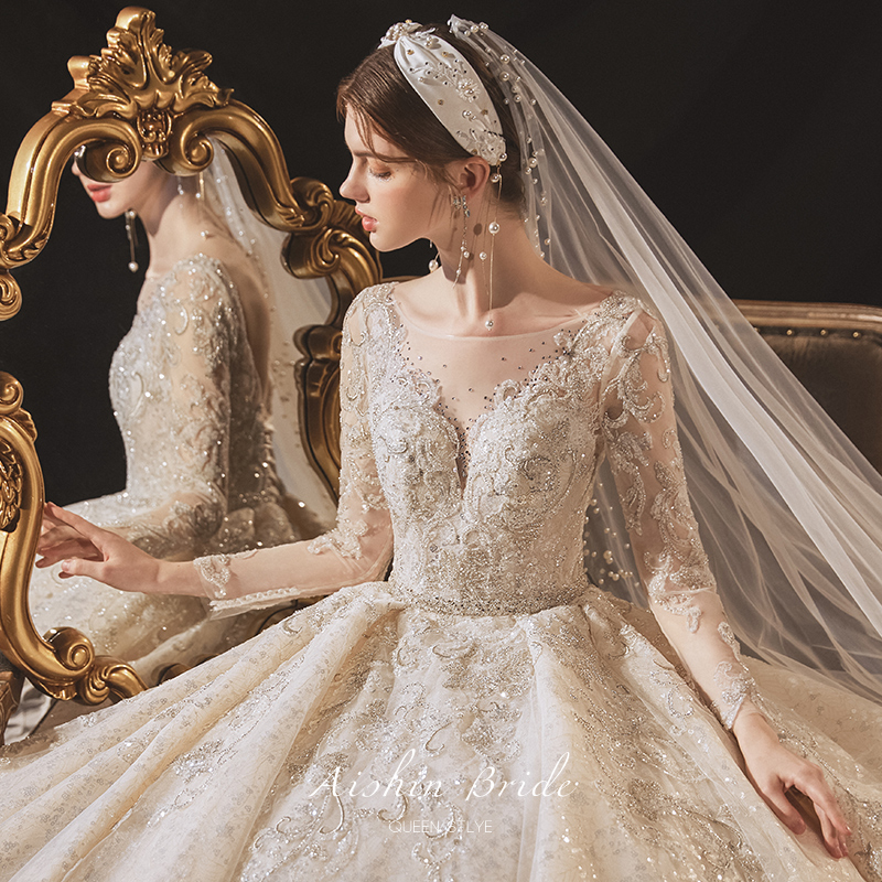 Long sleeve main wedding dress 2022 new temperament Heavy work Extravagant Trailing Bridal Bride Wedding Retro Palace High-end Gown Woman