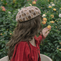 Retro Berehat female wool hat Artistic Glitt Painter Hat Autumn Winter Warm grid hat Inn College Wind Day Department