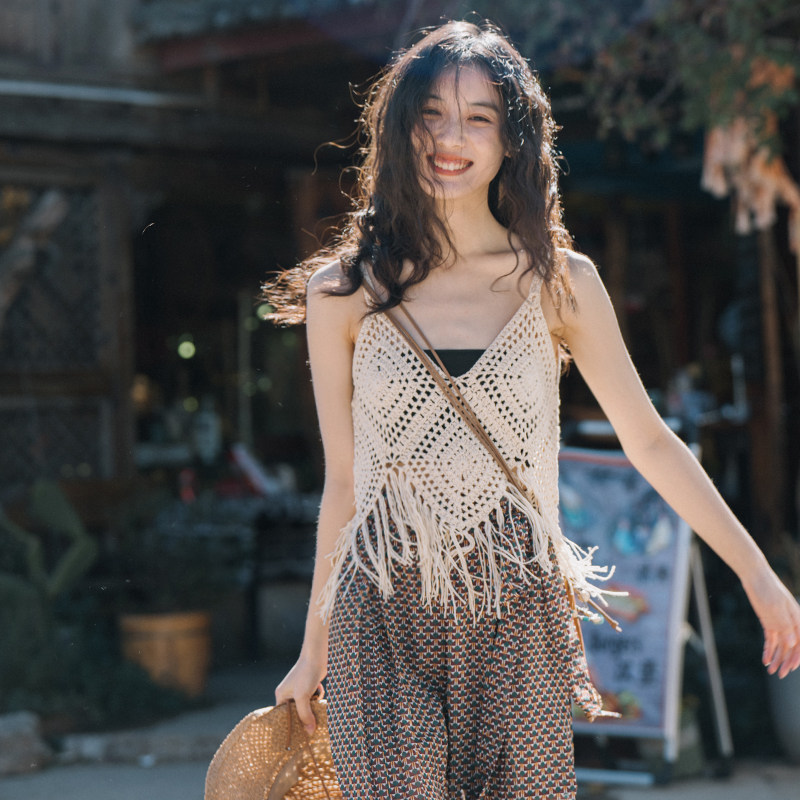 Dream of a horse tassel suspender bohemian crochet vest sexy backless sleeveless resort style niche design top
